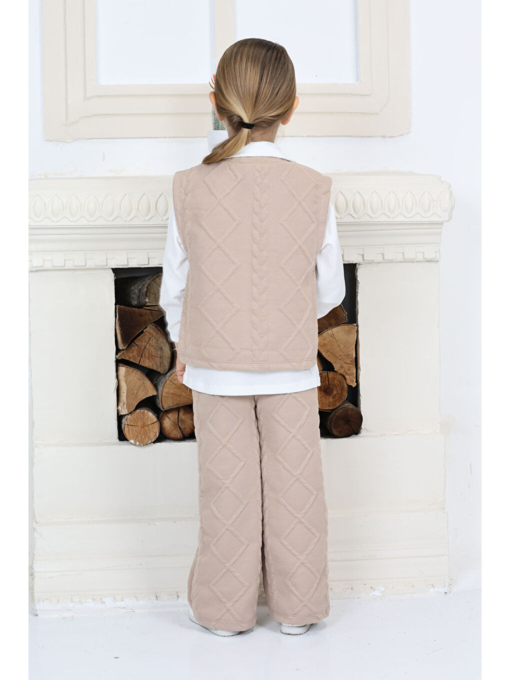 Kız Çocuk Bej Kız Çocuk Gömlek Yaka Dokulu Alt Üst Takım Takım - 26813-4