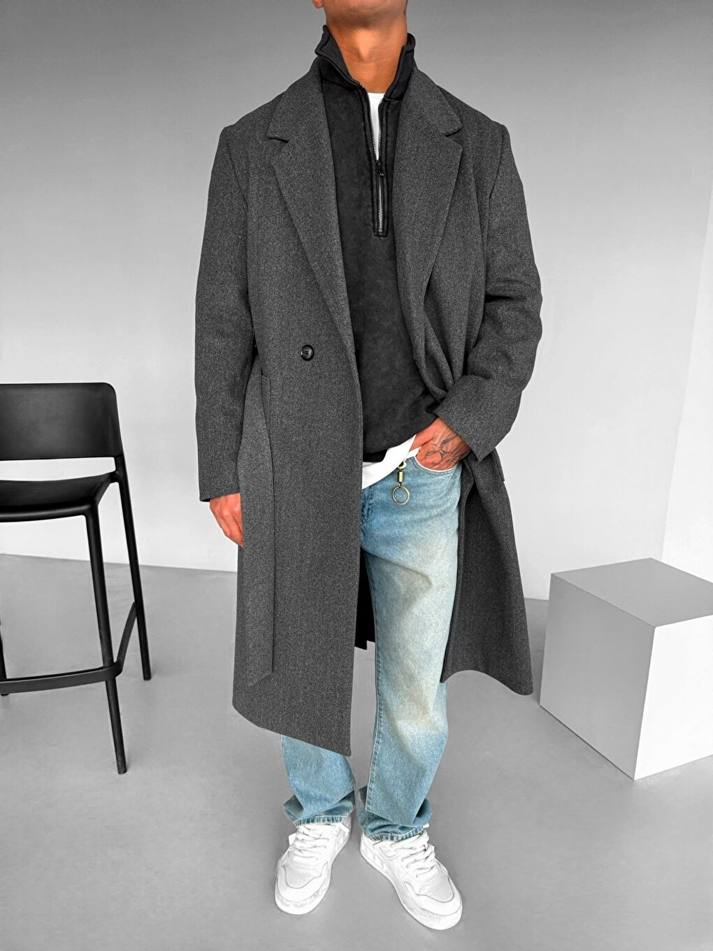 Erkek Kemerl İtalyan Kaşe Kaban Antrasit