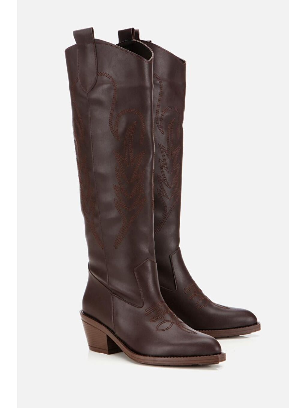 Kadın Kahverengi İşlemeli Kalın Topuklu Çizme-1