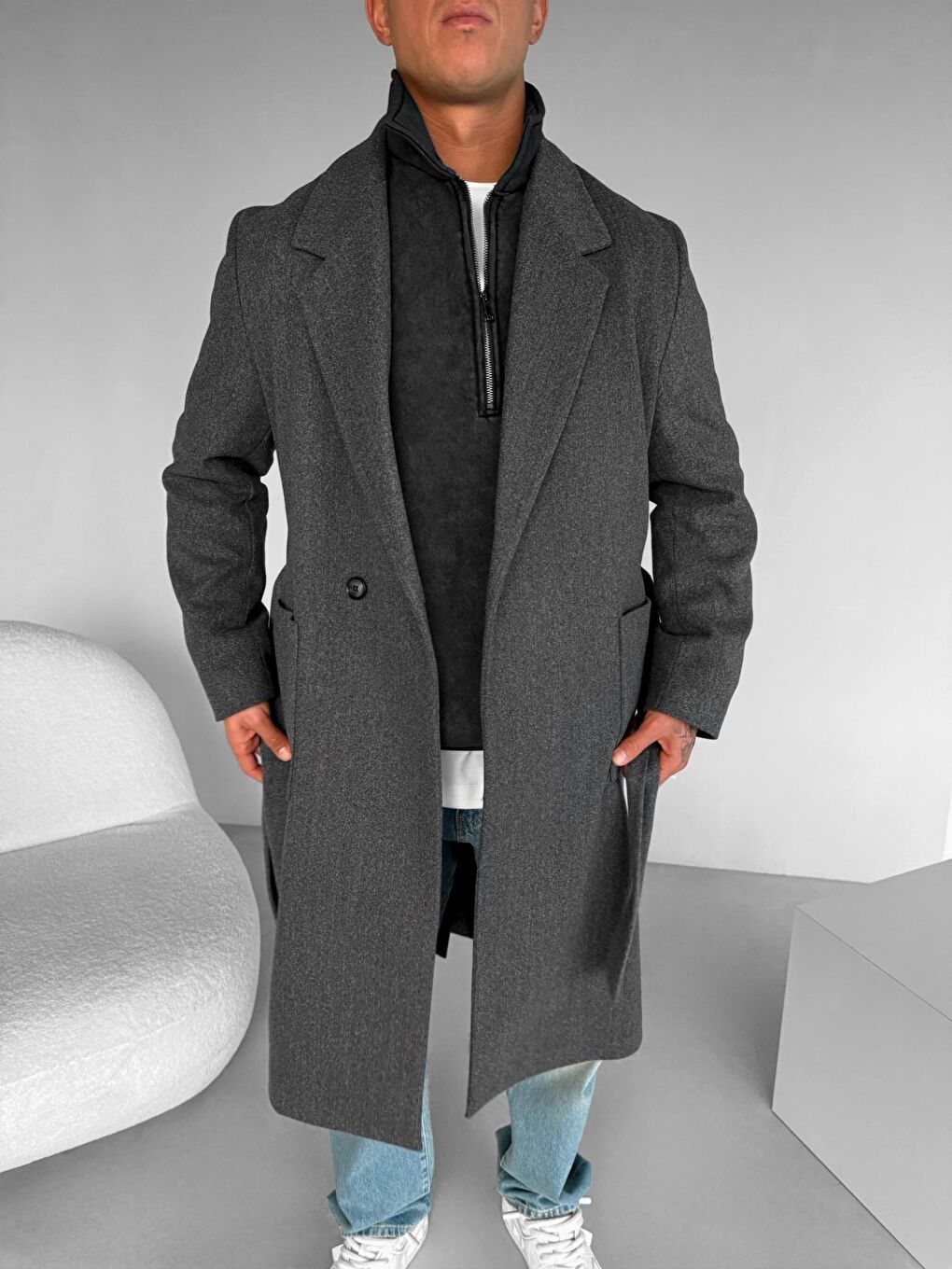 Erkek Kemerl İtalyan Kaşe Kaban Antrasit-1