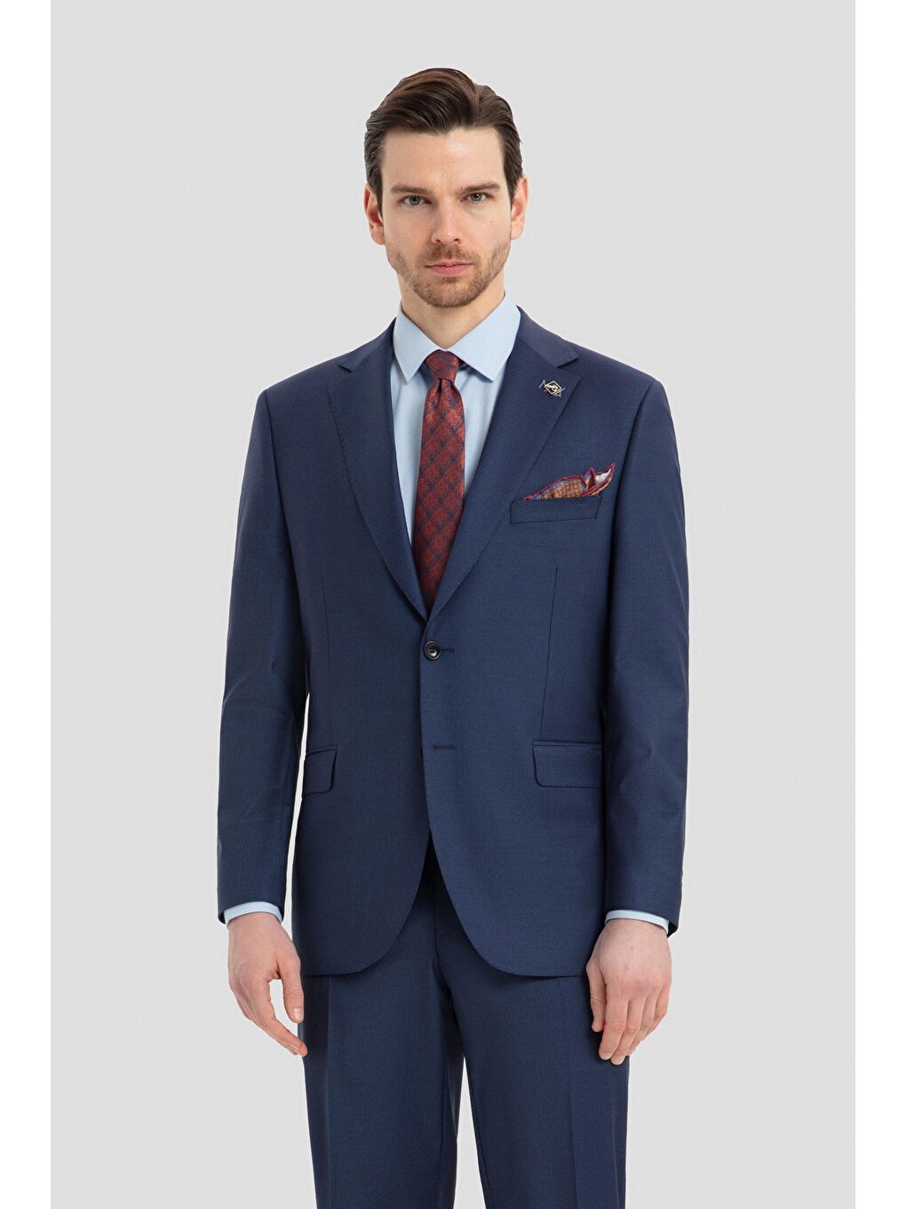 Erkek Açık Lacivert Slim Fit Mono Yaka Çizgili 4 Drop Yün Karışımlı Takım Elbise