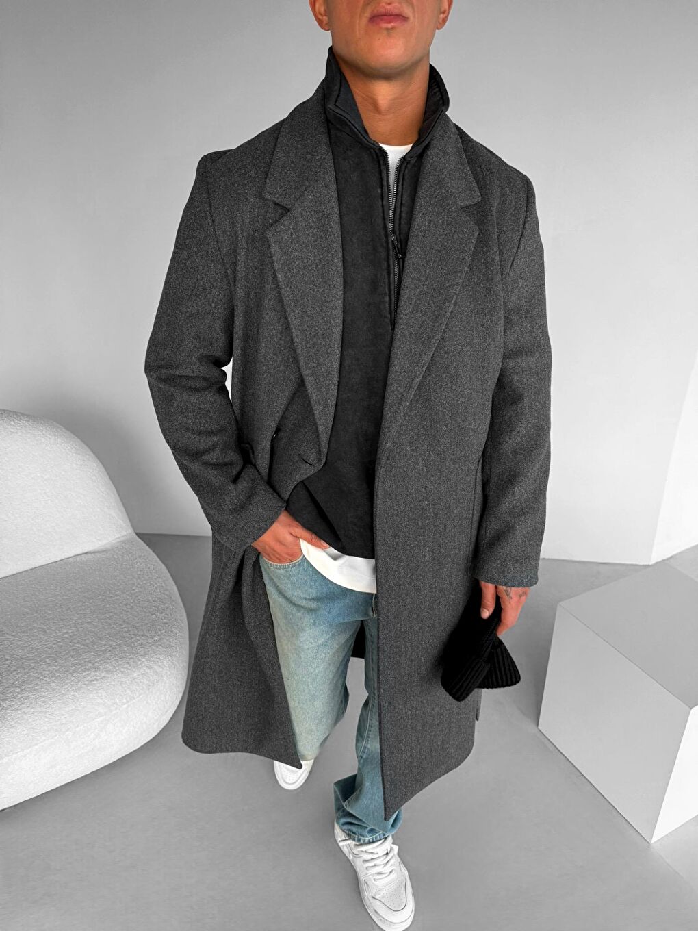 Erkek Kemerl İtalyan Kaşe Kaban Antrasit-2