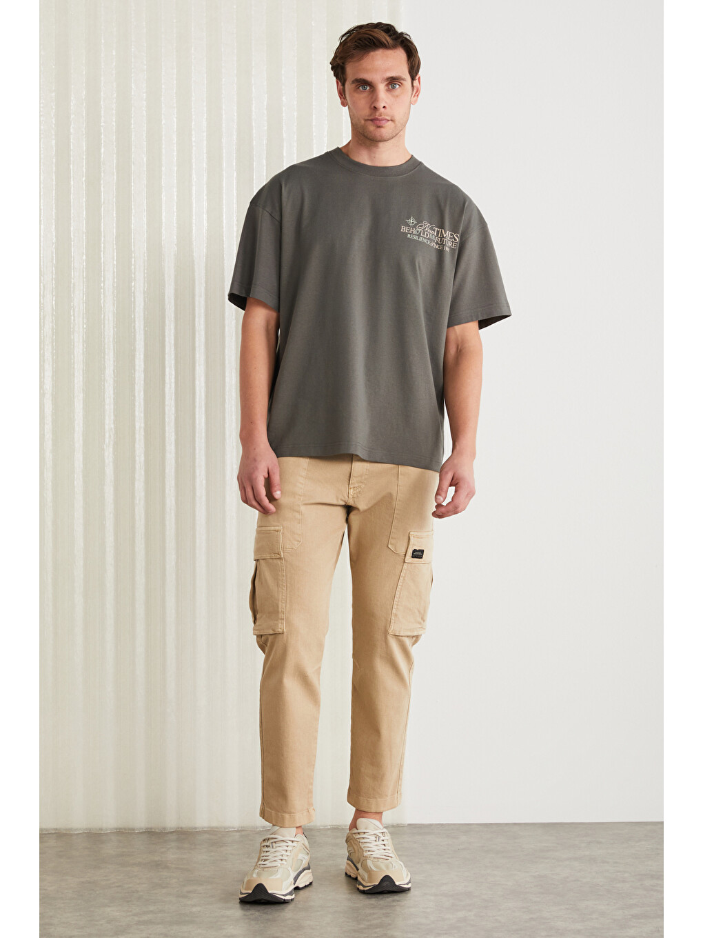Gri COLIBRI Erkek Ön Arka Baskı Detaylı Oversize Kısa Kollu Bisiklet Yaka Organik Pamuklu GRİ T-Shirt-4