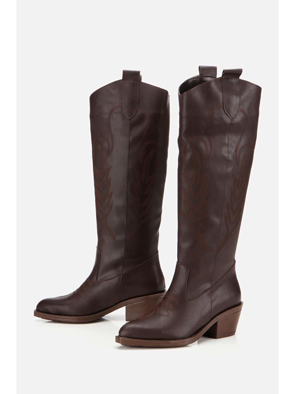 Kadın Kahverengi İşlemeli Kalın Topuklu Çizme-3