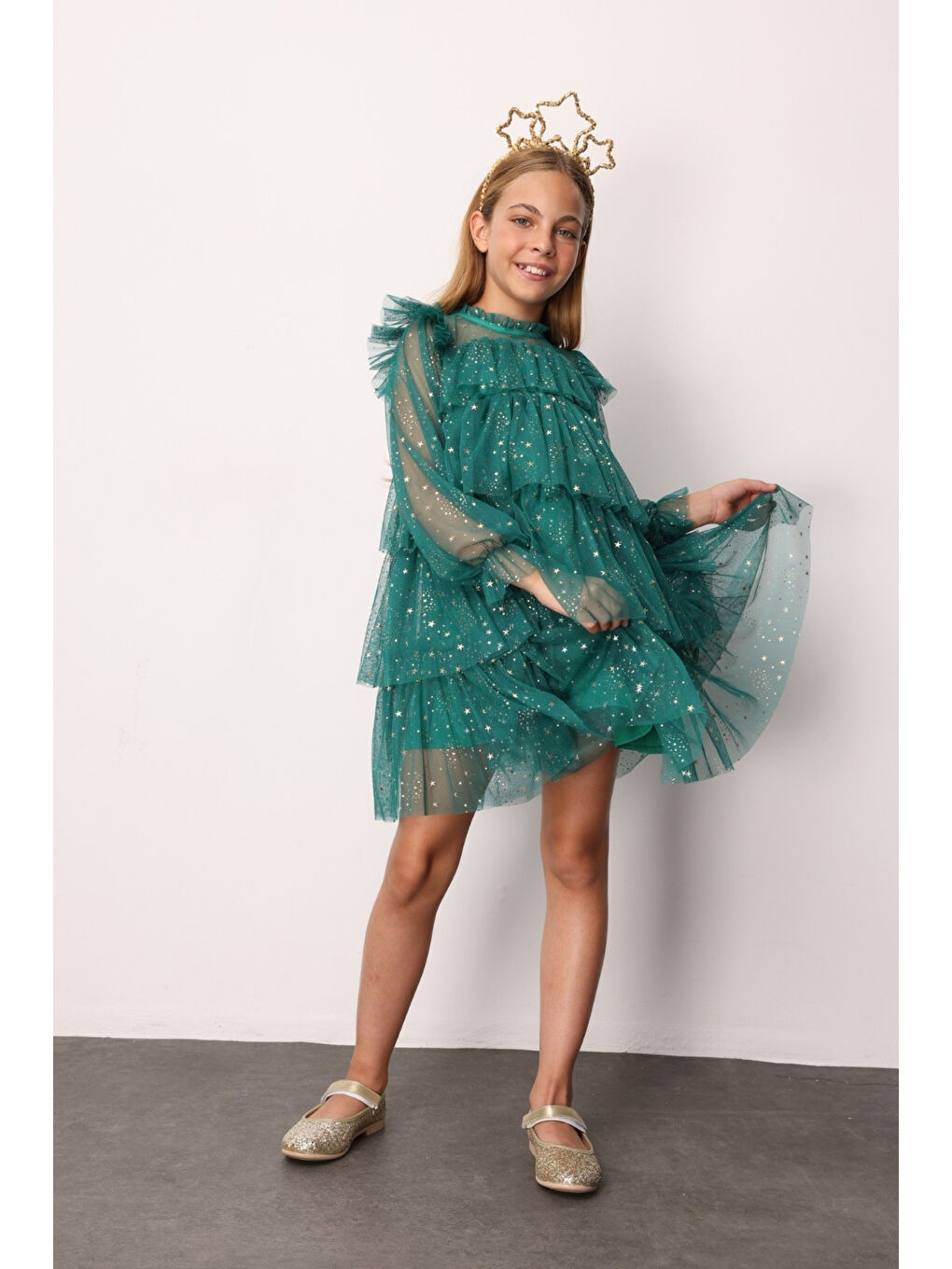 Yeşil Varak Yıldız Baskılı Katlı Kız Çocuk Elbise - Chloe-1