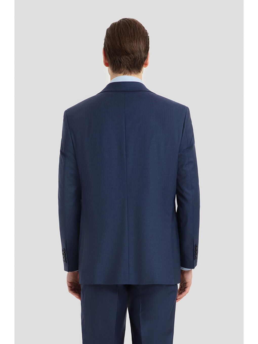 Erkek Açık Lacivert Slim Fit Mono Yaka Çizgili 4 Drop Yün Karışımlı Takım Elbise-2