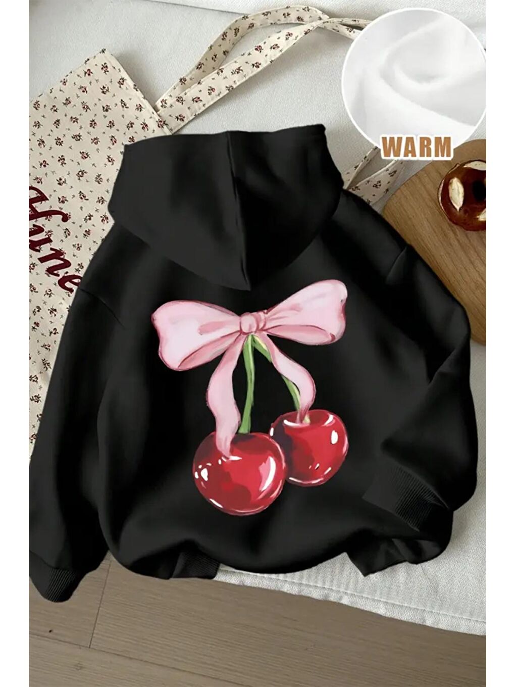 Siyah Kurdela Cherry Sırt Baskılı İçi Pamuklu Unisex Sweatshirt