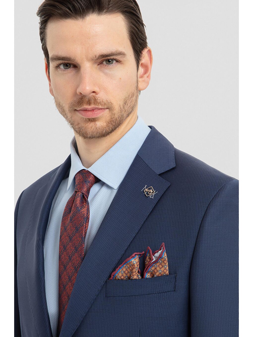 Erkek Açık Lacivert Slim Fit Mono Yaka Çizgili 4 Drop Yün Karışımlı Takım Elbise-4