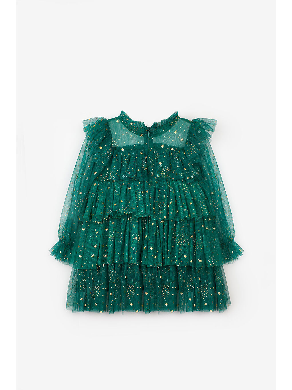 Yeşil Varak Yıldız Baskılı Katlı Kız Çocuk Elbise - Chloe-5