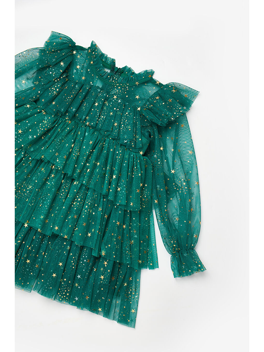 Yeşil Varak Yıldız Baskılı Katlı Kız Çocuk Elbise - Chloe-6
