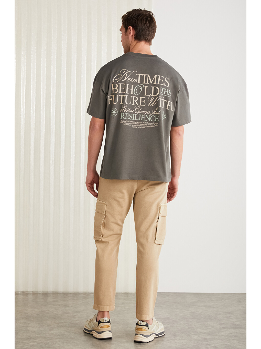 Gri COLIBRI Erkek Ön Arka Baskı Detaylı Oversize Kısa Kollu Bisiklet Yaka Organik Pamuklu GRİ T-Shirt-5
