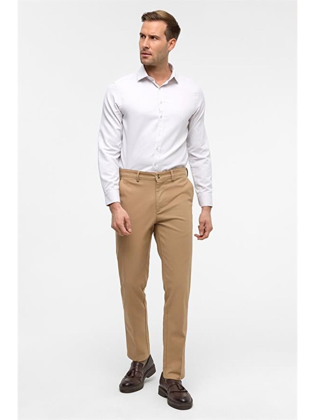 Bej Regular Armürlü Pantolon-1