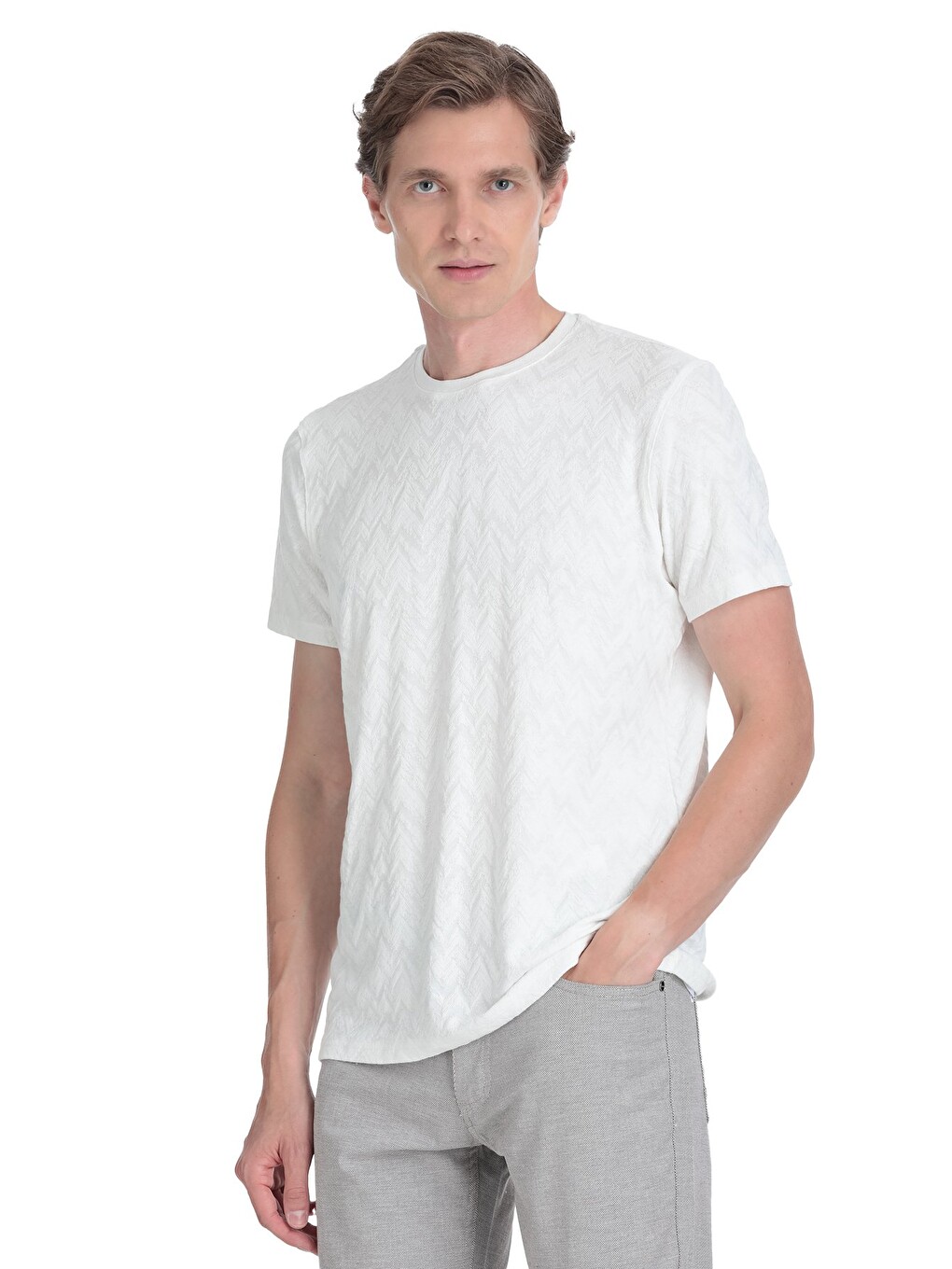 Beyaz Regular Fit Bisiklet Yaka Tişört-2
