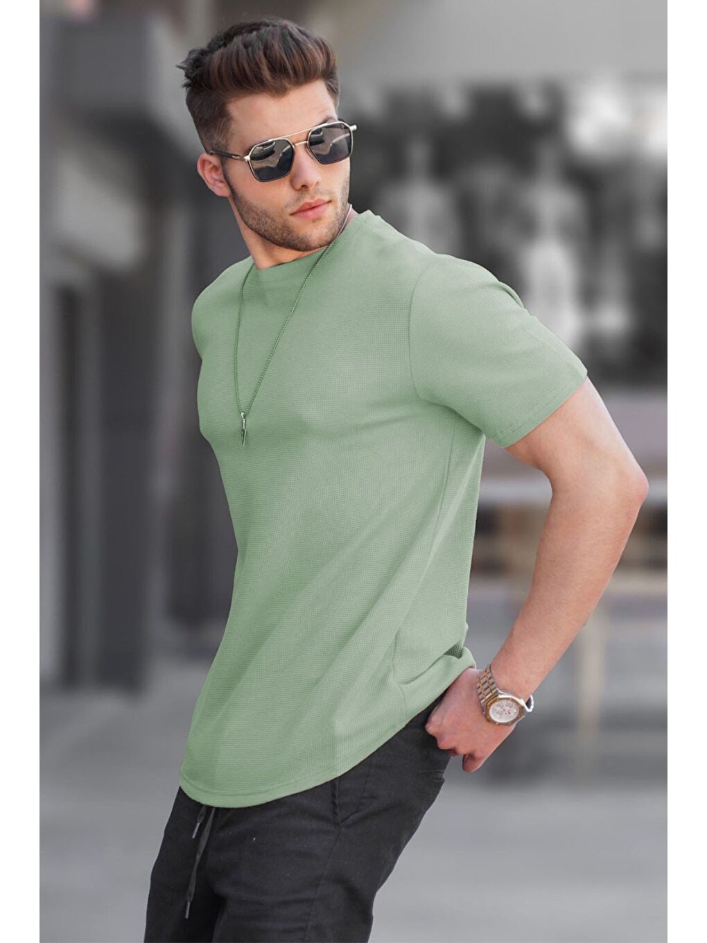 Mint Yeşili Waffle Kumaş Basic Tişört 5883