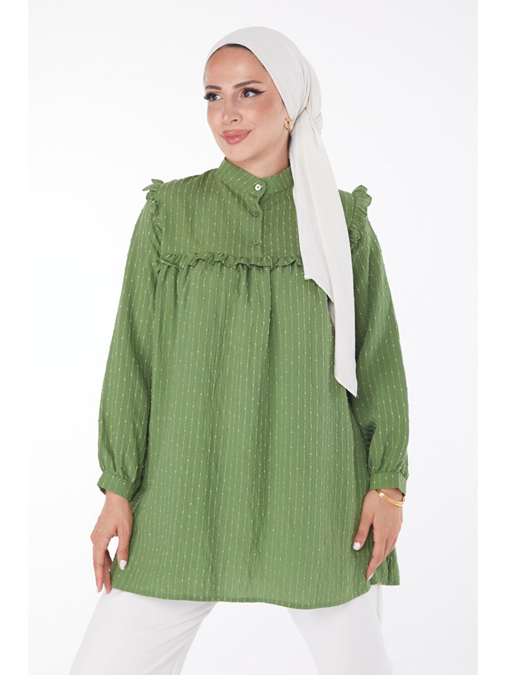 Hakim Yaka Kadın Haki Fırfırlı Gömlek - 25912-1