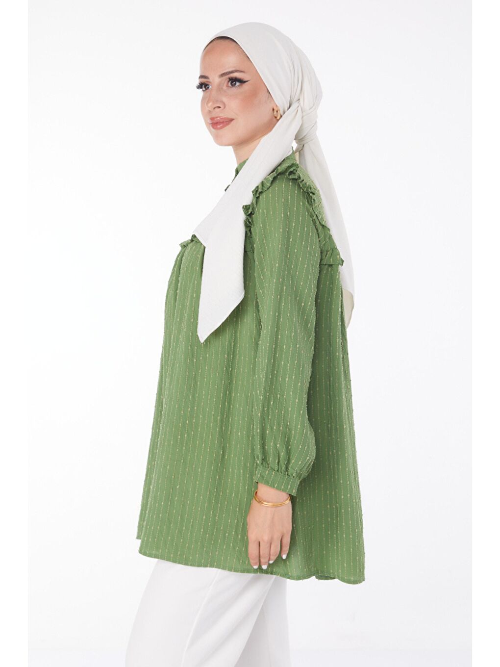 Hakim Yaka Kadın Haki Fırfırlı Gömlek - 25912-2