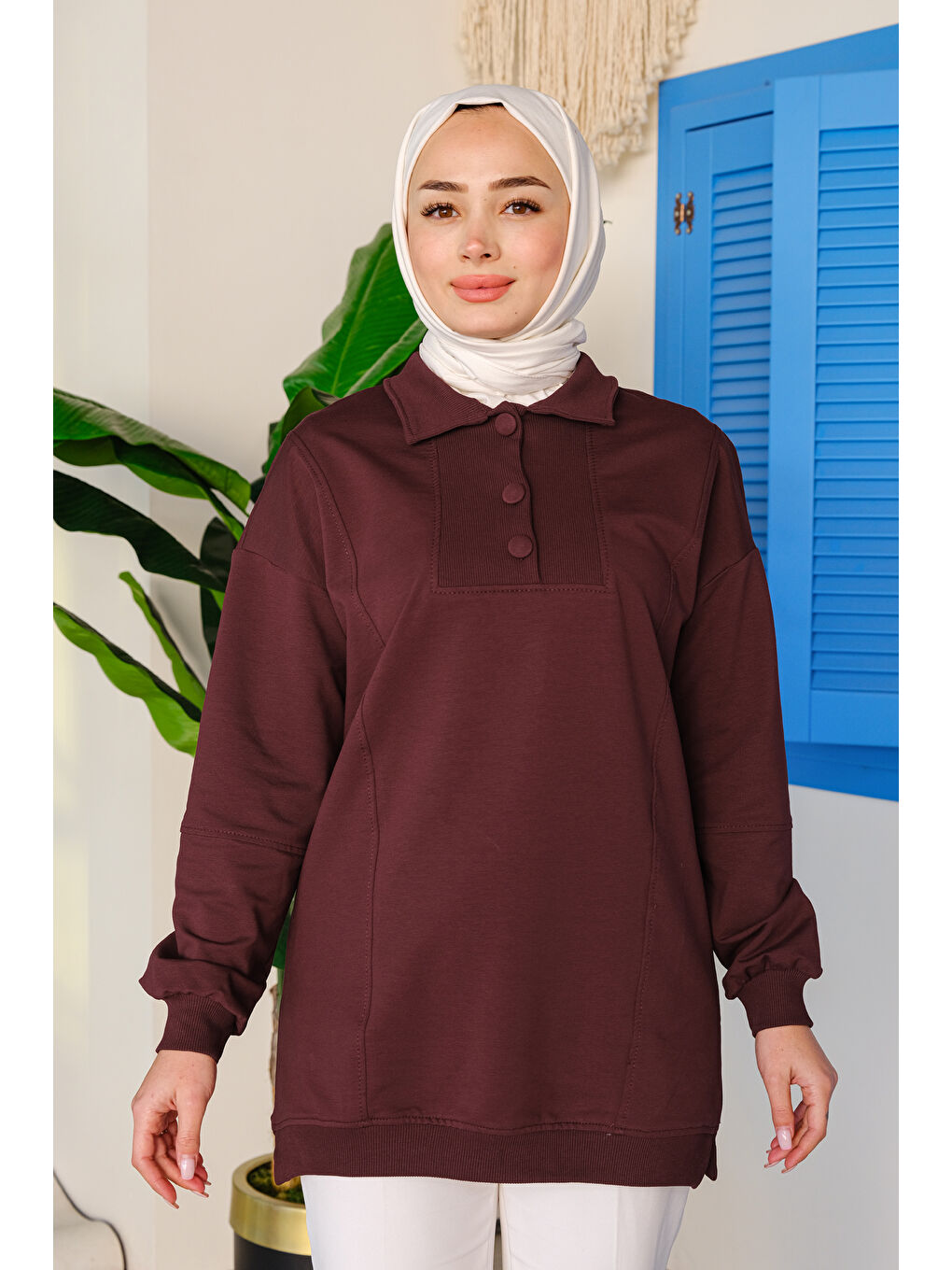 Locco Moda Kumaş Düğme Detay Tunik Bordo - 2