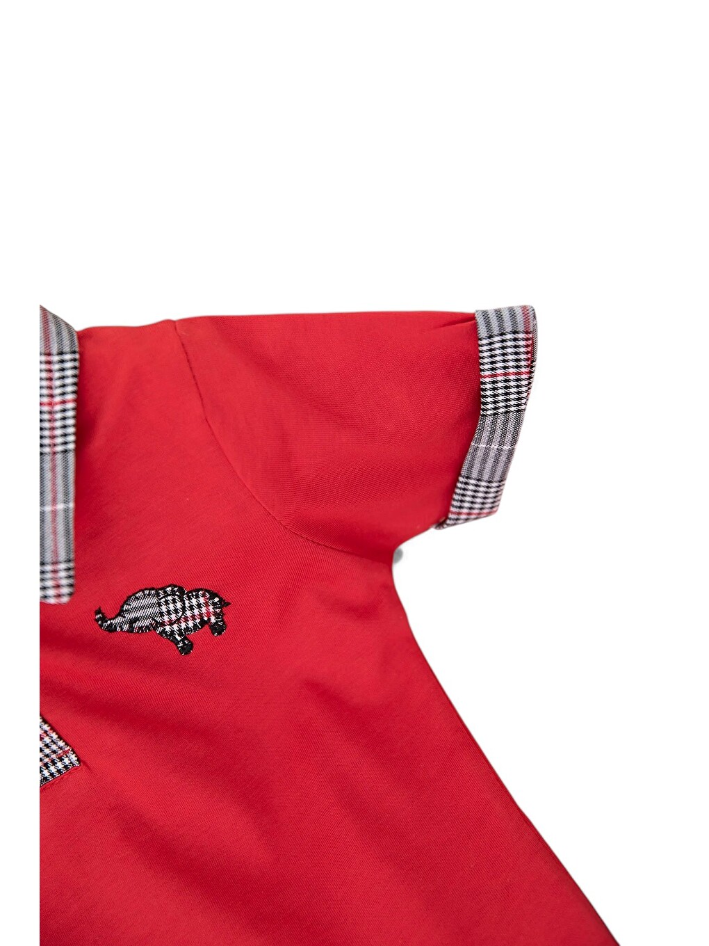 Kırmızı Erkek Bebek Polo Yakalı Fil Nakışlı Ekose Şortlu Yazlık Takım-5
