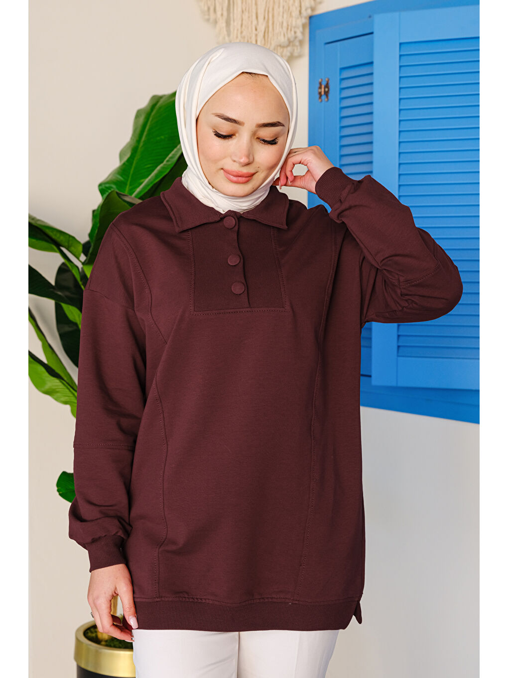 Locco Moda Kumaş Düğme Detay Tunik Bordo - 3