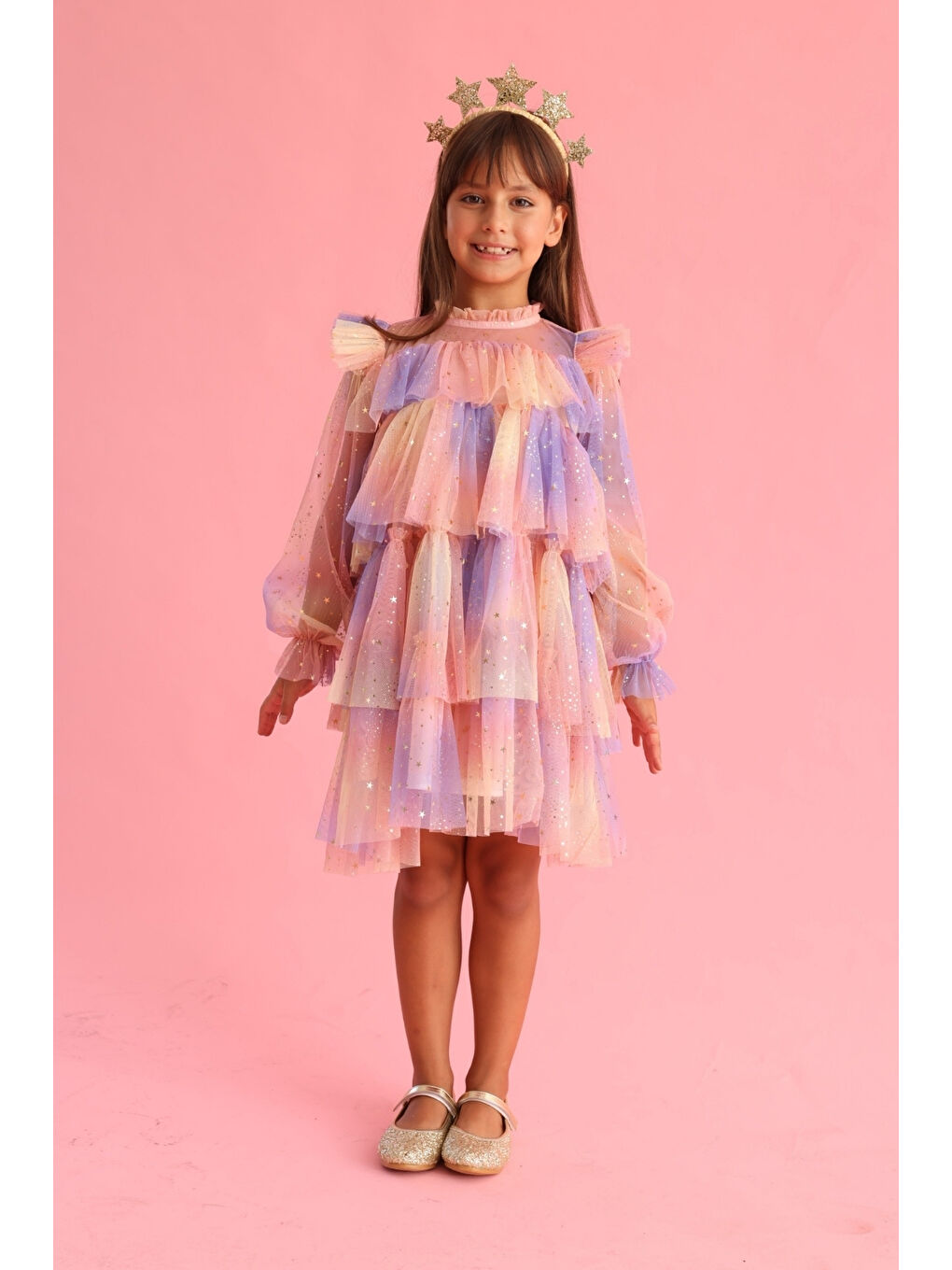 Sarı Varak Yıldız Baskılı Katlı Kız Çocuk Elbise - Chloe