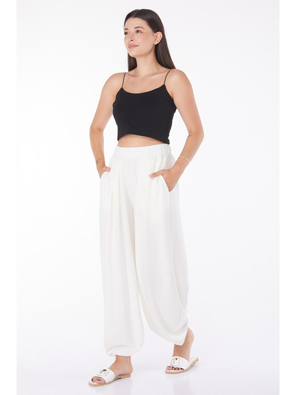 Orta Kadın Beyaz Şalvar Pantolon - 25920-1