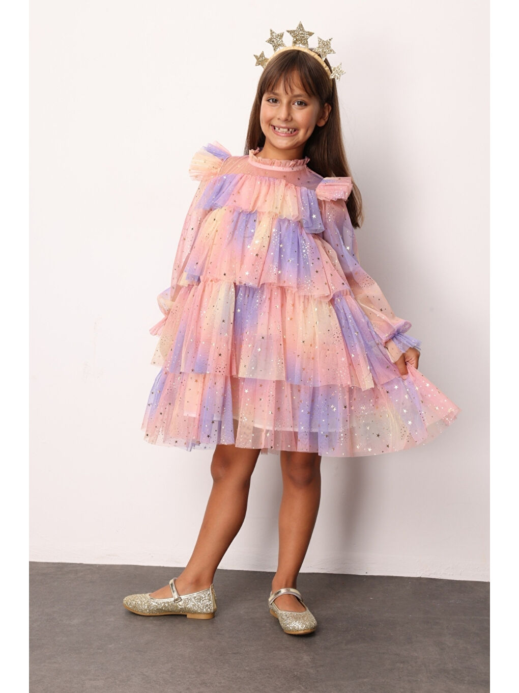 Sarı Varak Yıldız Baskılı Katlı Kız Çocuk Elbise - Chloe-2