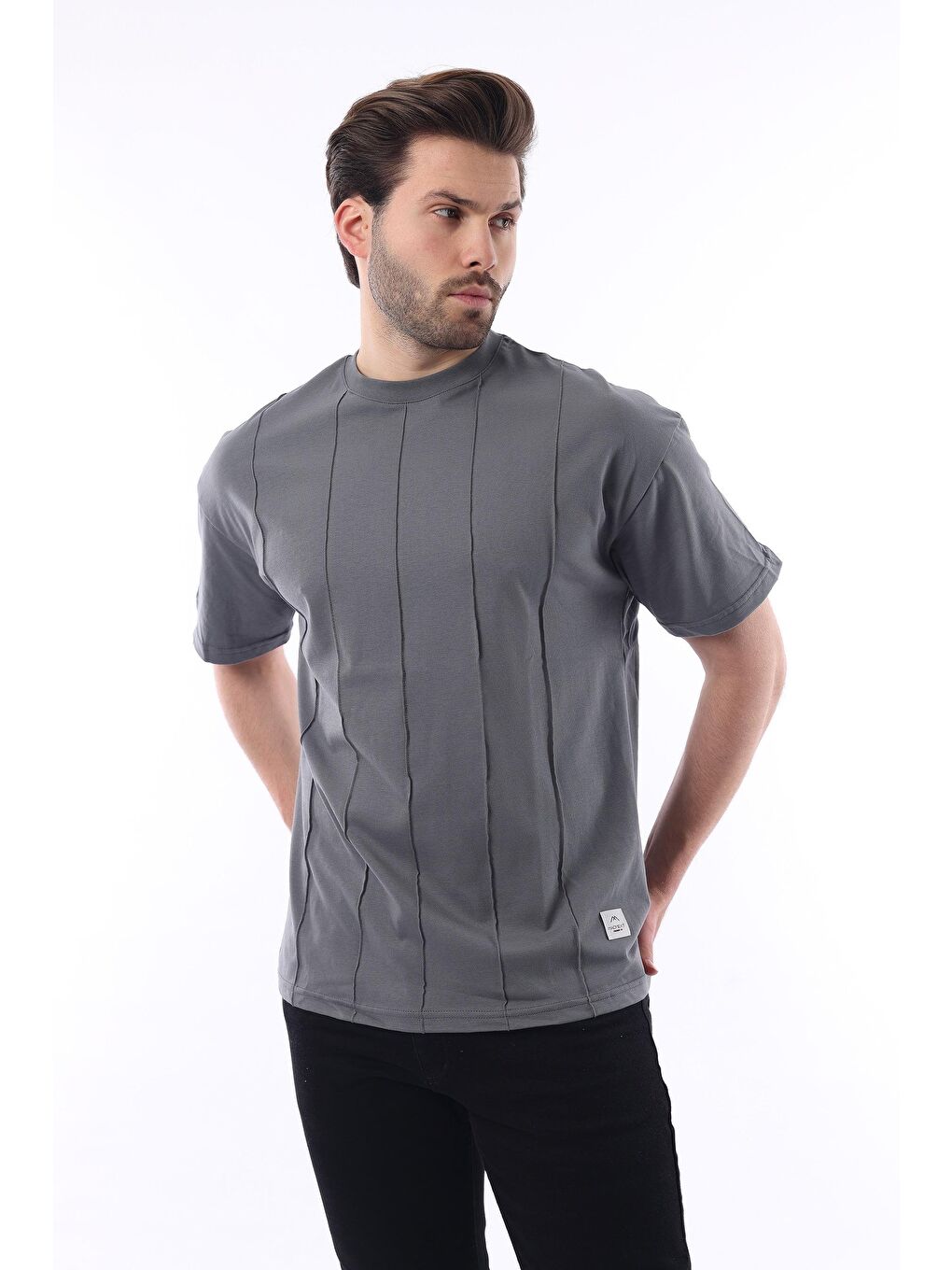 Gri Füme Bisiklet Yaka Erkek %100 Pamuk Tişört 6175-1