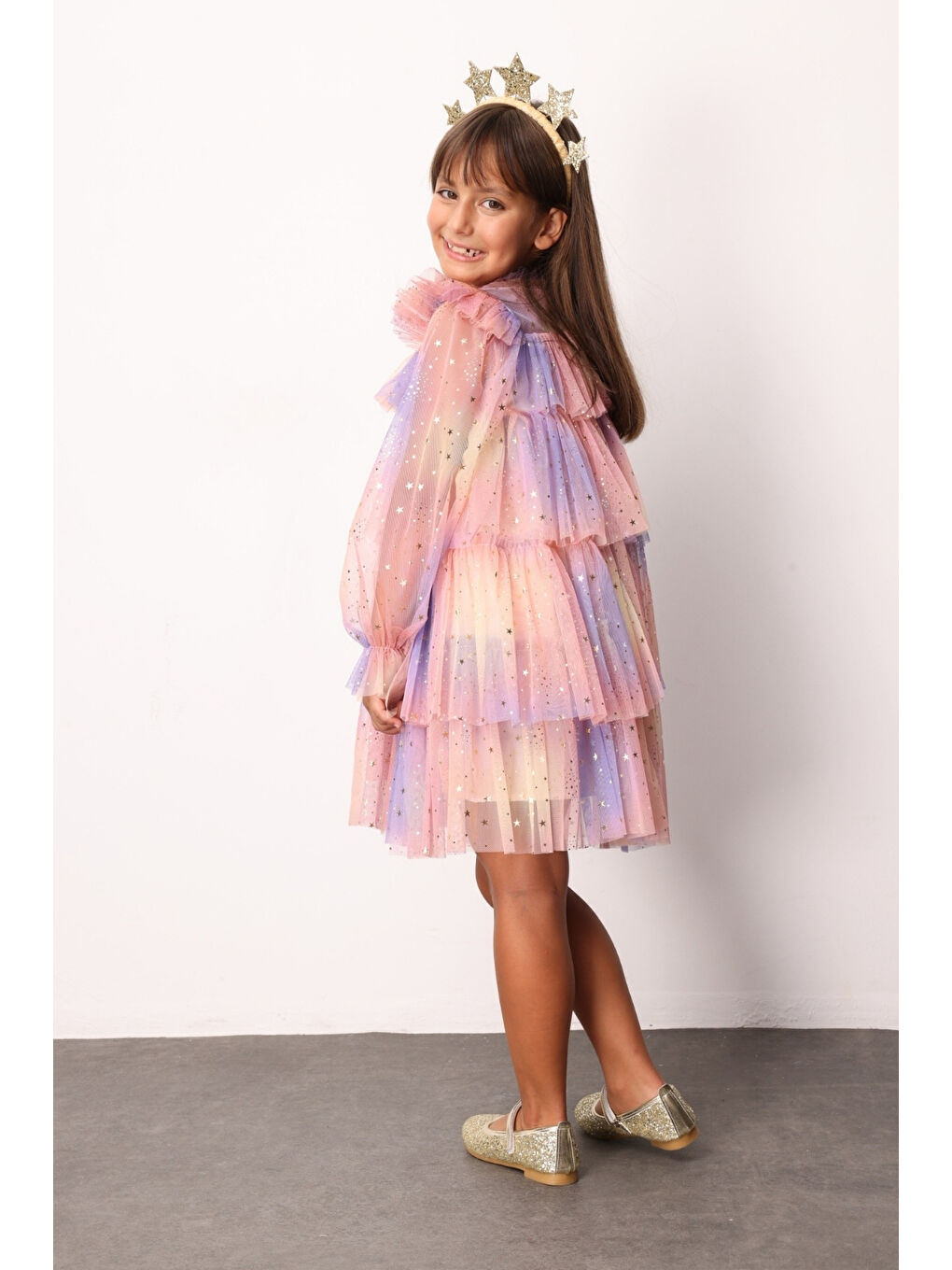 Sarı Varak Yıldız Baskılı Katlı Kız Çocuk Elbise - Chloe-3