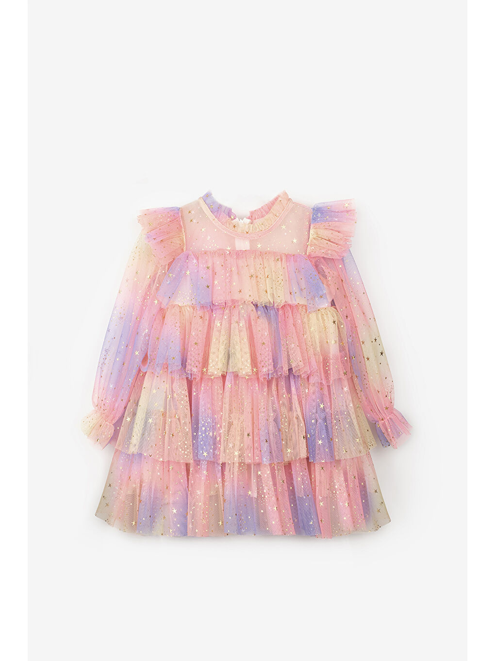 Sarı Varak Yıldız Baskılı Katlı Kız Çocuk Elbise - Chloe-4