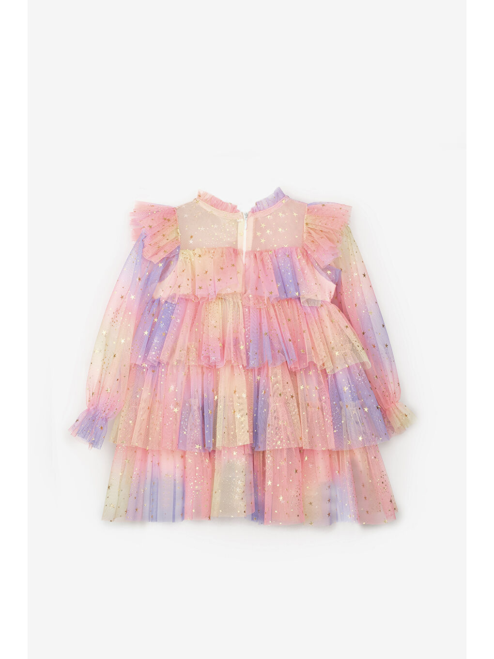 Sarı Varak Yıldız Baskılı Katlı Kız Çocuk Elbise - Chloe-5