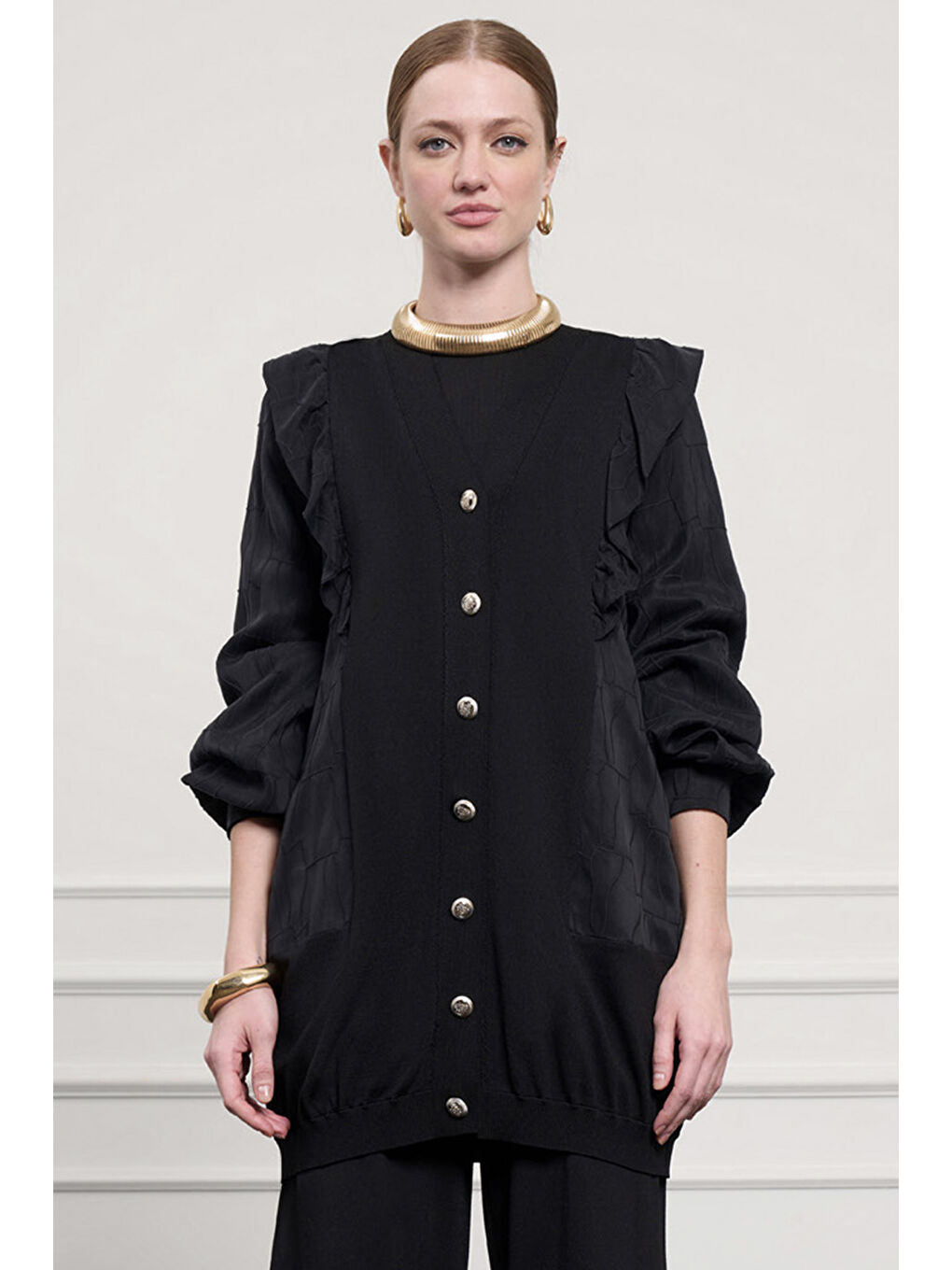 Fırfır Detay Önü Düğmeli Hırka 6051 Siyah