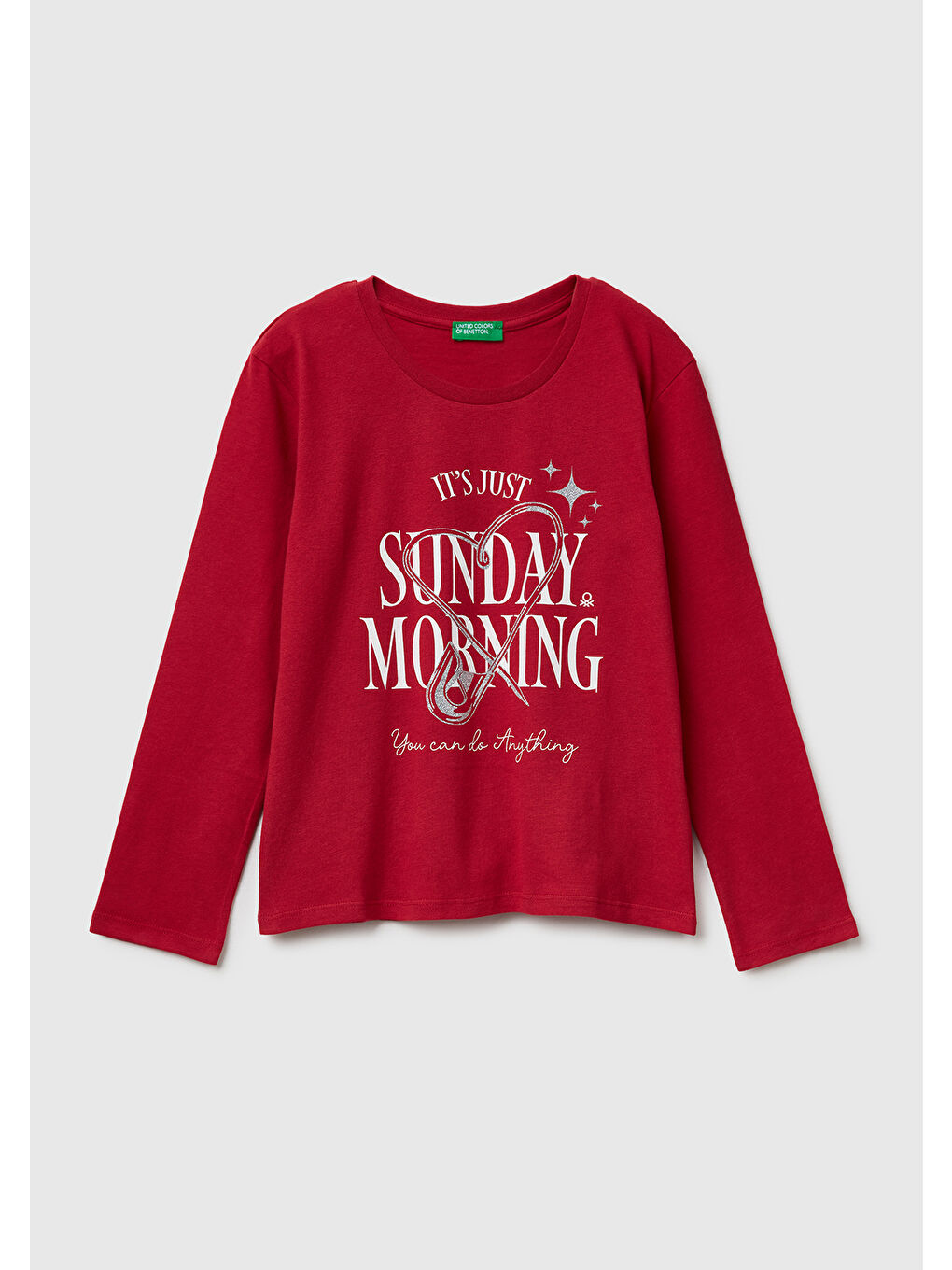 Kız Çocuk Bordo Önü Simli Baskılı Jarse Uzun Kollu T-shirt