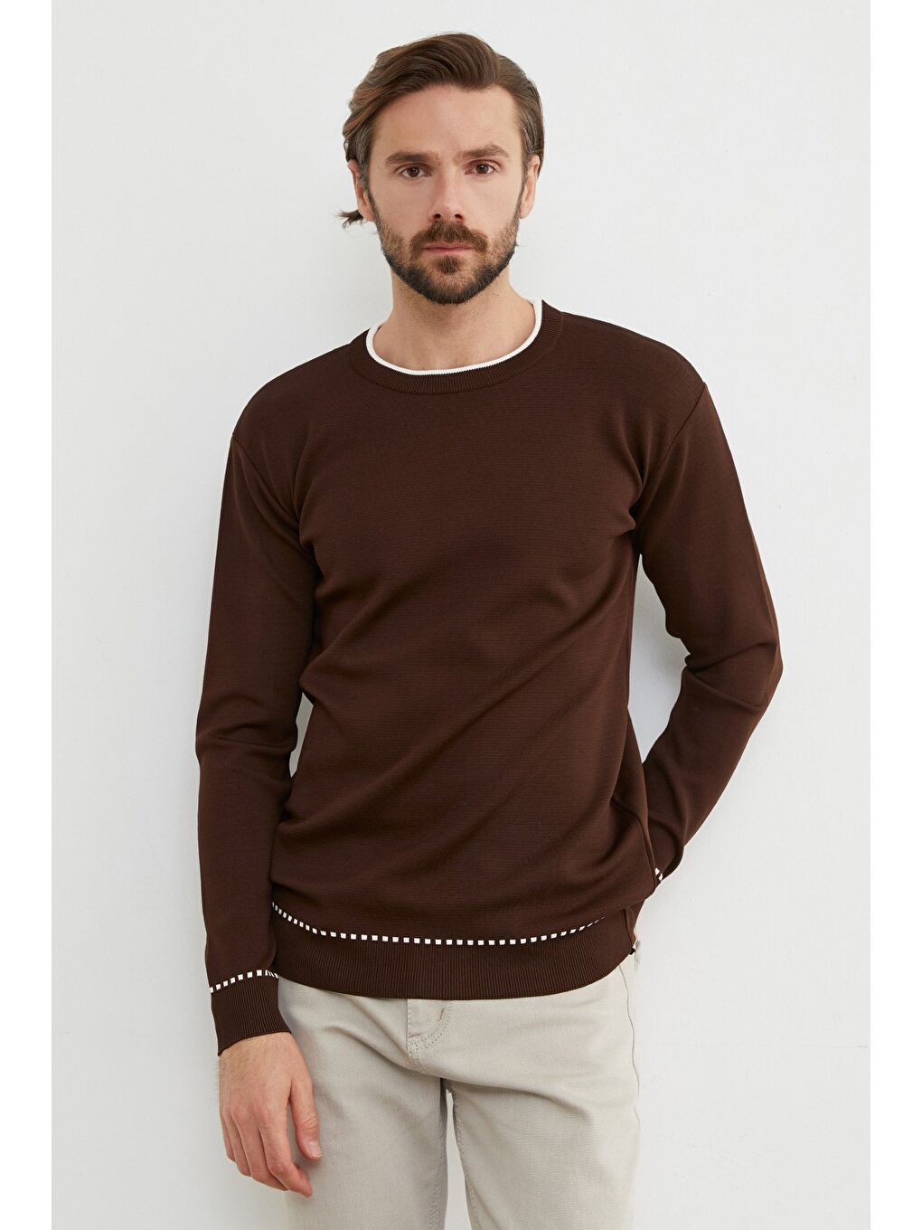 Kahverengi Basic Çizgili Bisiklet Yaka Triko Kazak