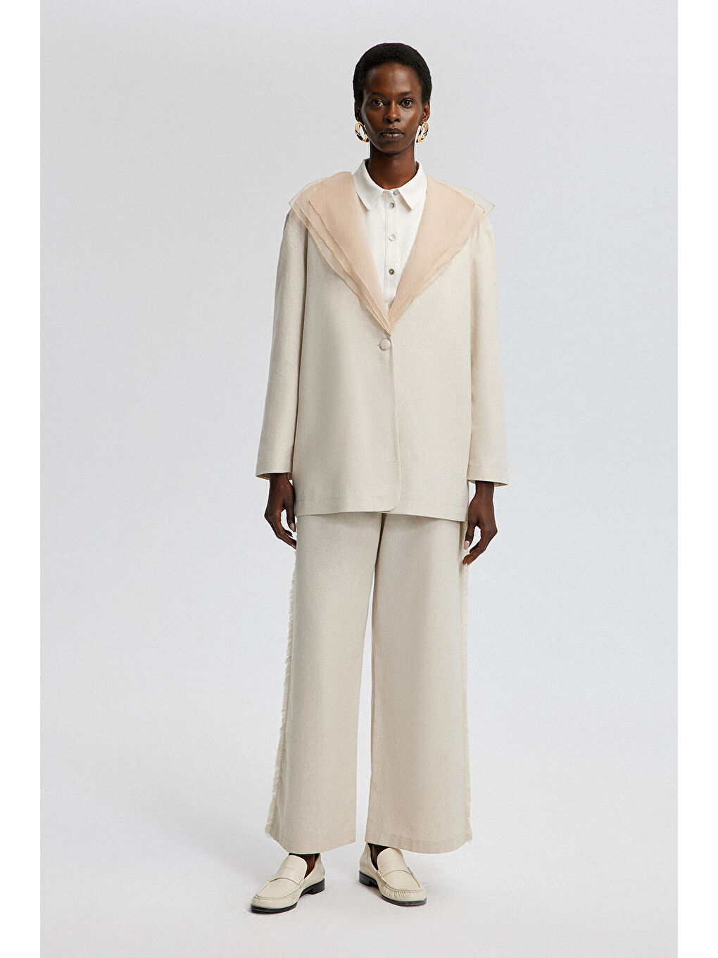 Ekru Yakası Organze Keten Ceket-1