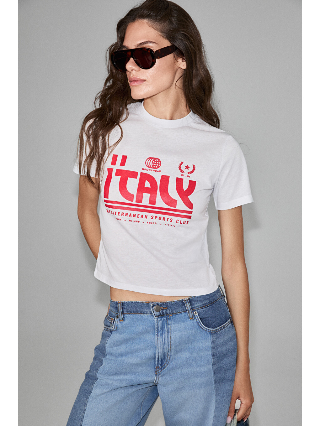 Algher Kadın Baskı Desenli Kısa Kollu Organik Pamuklu Bisiklet Yaka Crop Beyaz T-shirt