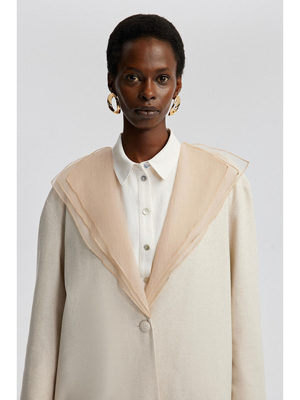 Ekru Yakası Organze Keten Ceket-2