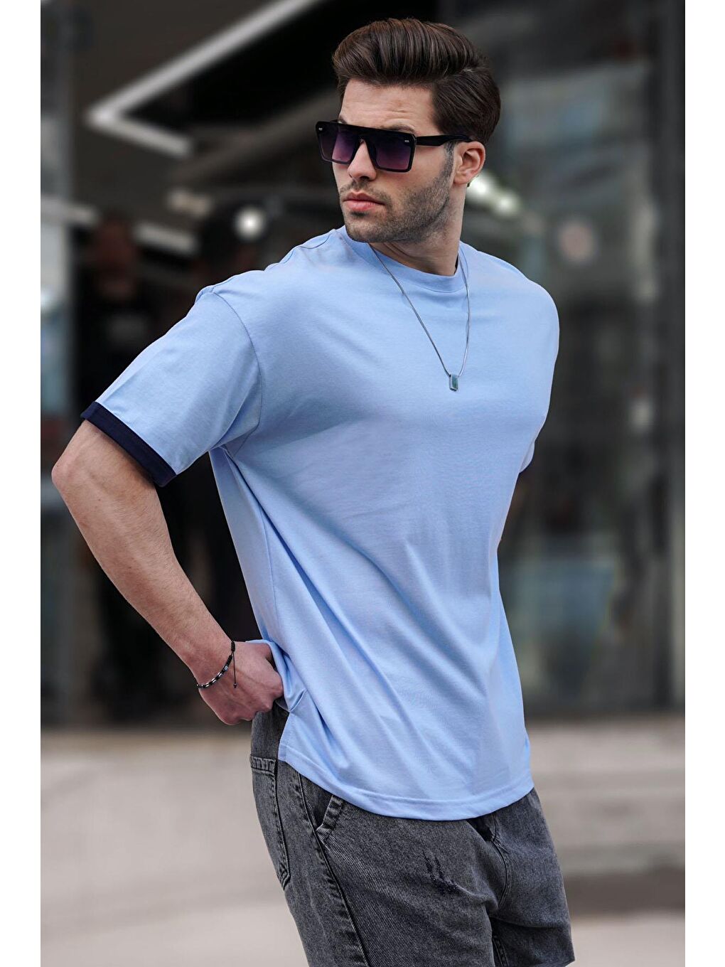 Bebe Mavisi Oversize Bisiklet Yaka %100 Pamuk Tişört 6184-1