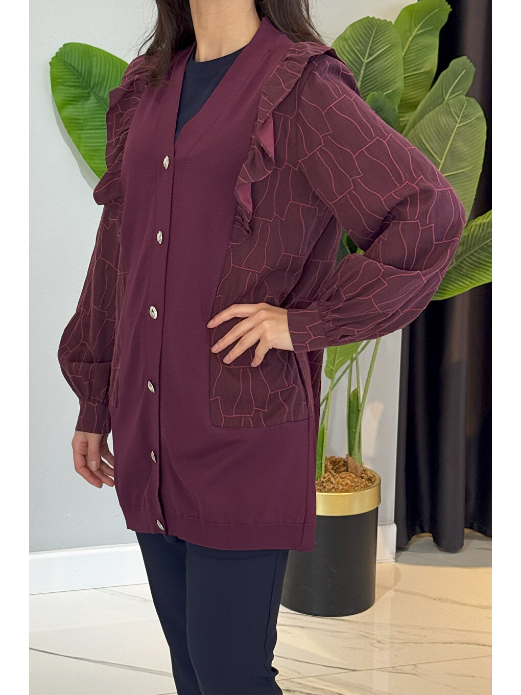 Fırfır Detay Önü Düğmeli Hırka 6051 Bordo-2