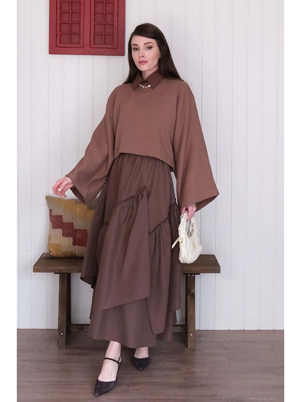 Kahverengi Acı Kahve Kat Kat Bohem Etek-3