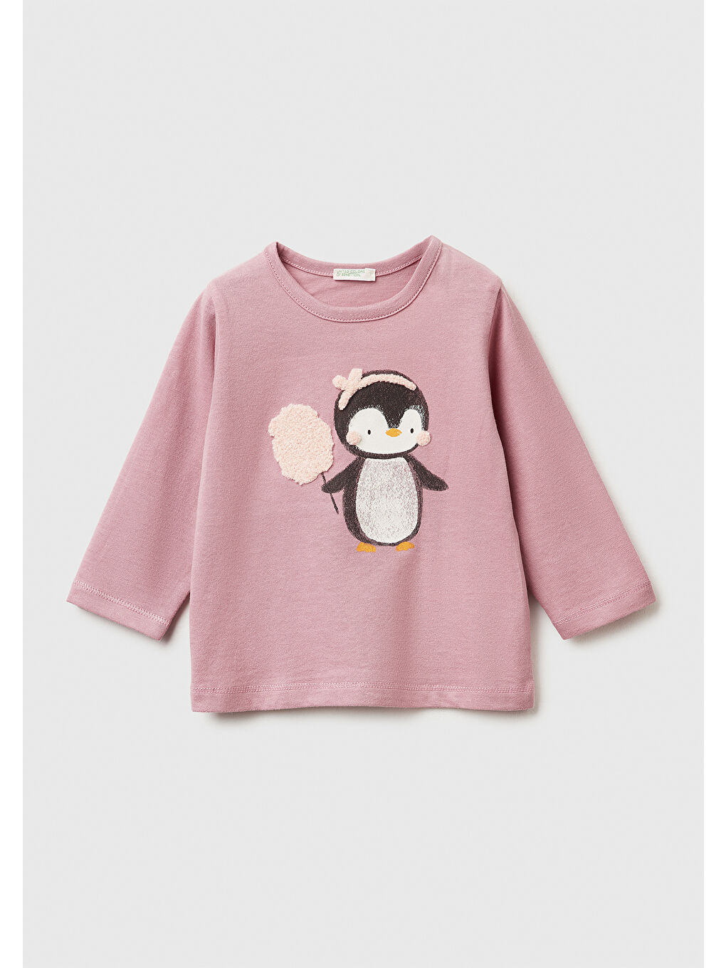 Pembe Bebek Gül Kurusu Önü Baskılı Bisiklet Yaka Uzun Kollu T-shirt