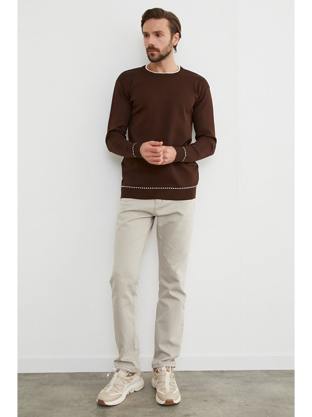 Kahverengi Basic Çizgili Bisiklet Yaka Triko Kazak-2