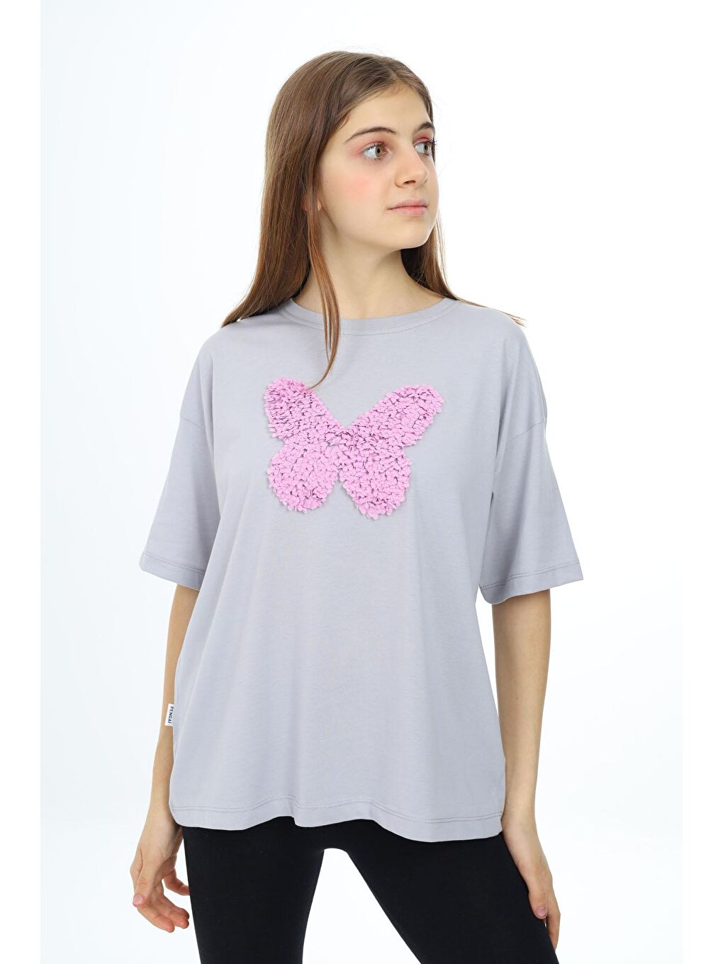 Gri Kelebek İşlemeli Kısa Kol Kız Çocuk Tişört-1