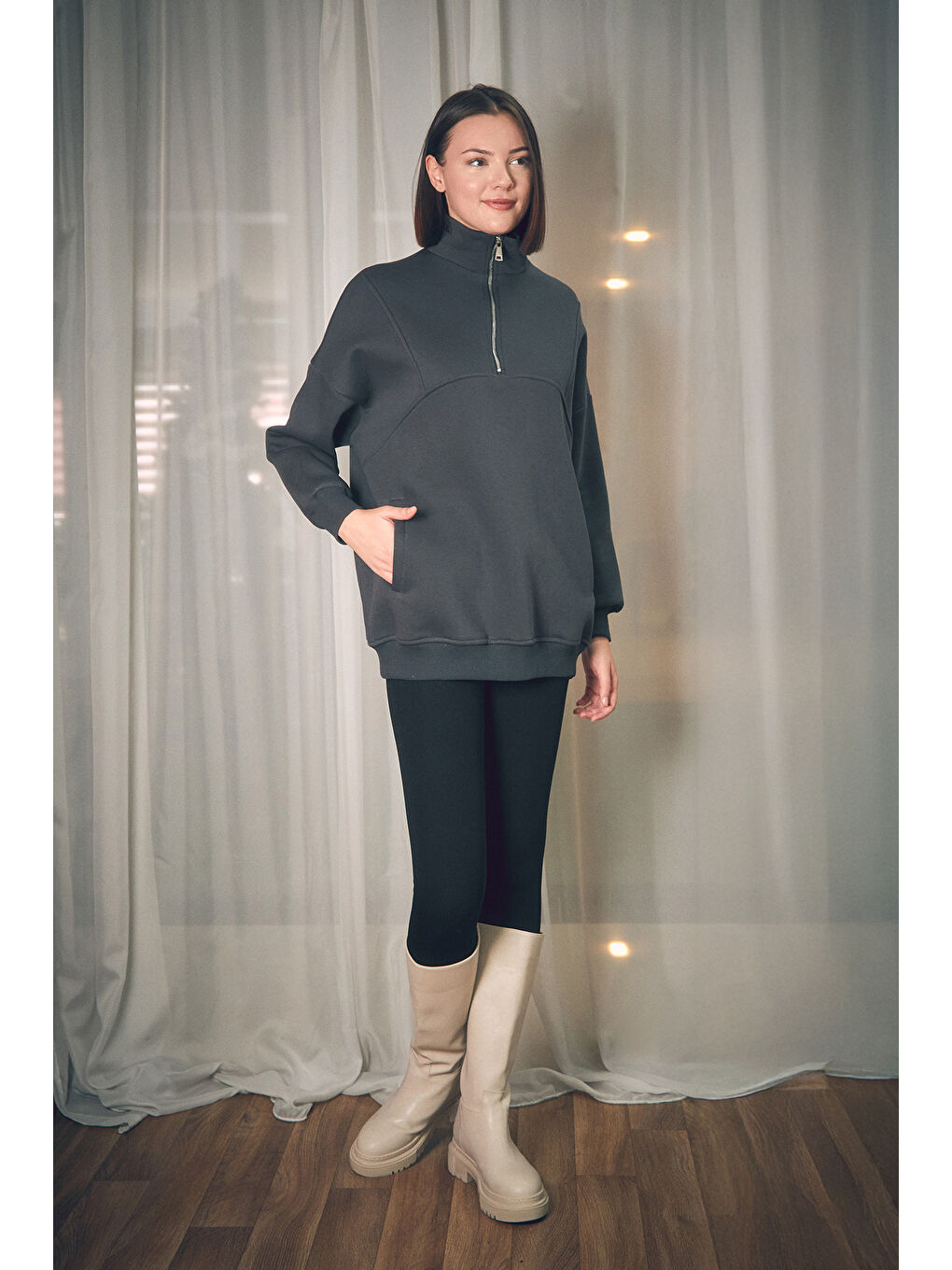 Fullamoda Füme Basic Yarım Fermuarlı Cepli Sweatshirt - 1