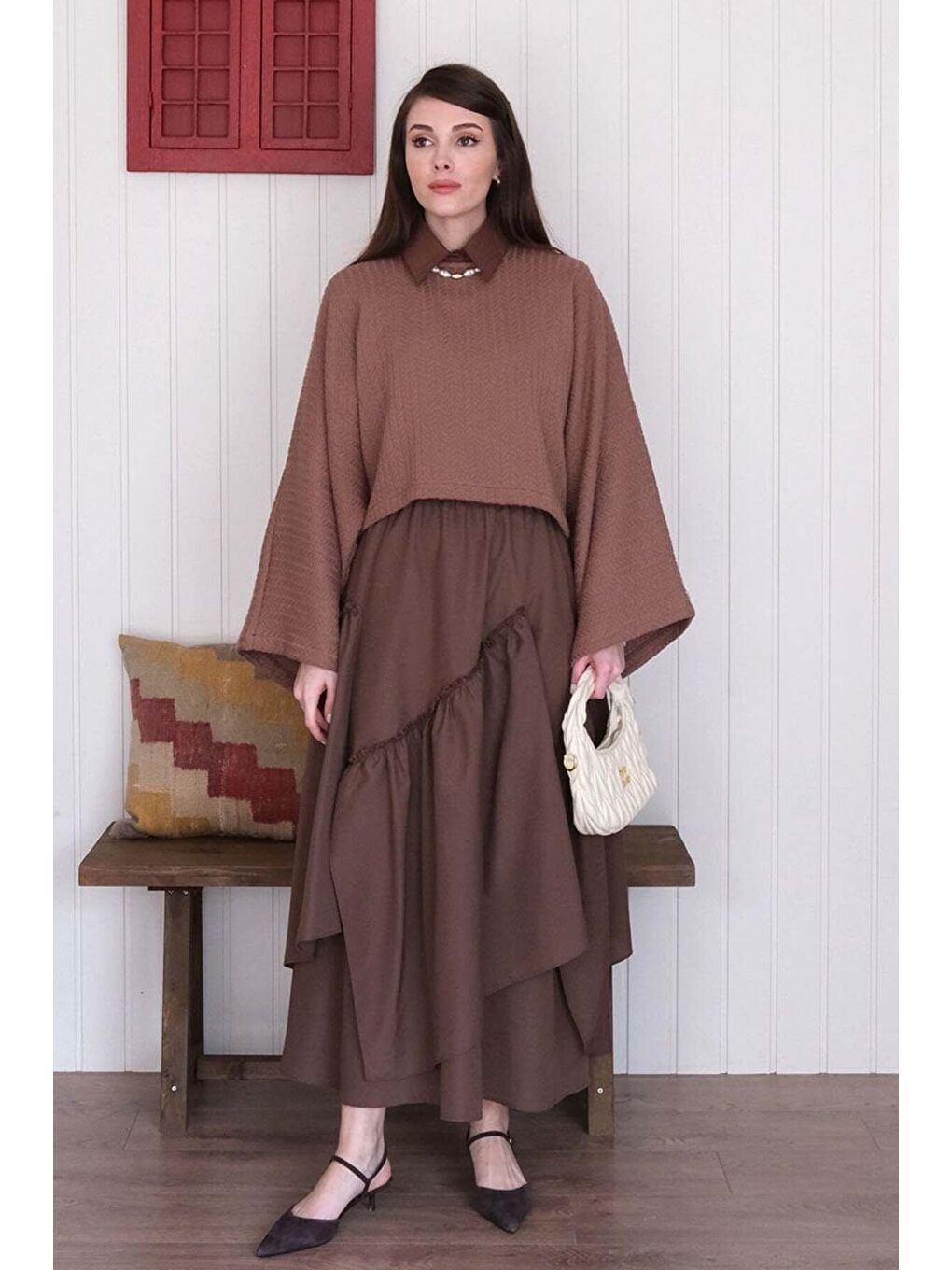 Kahverengi Acı Kahve Kat Kat Bohem Etek-4