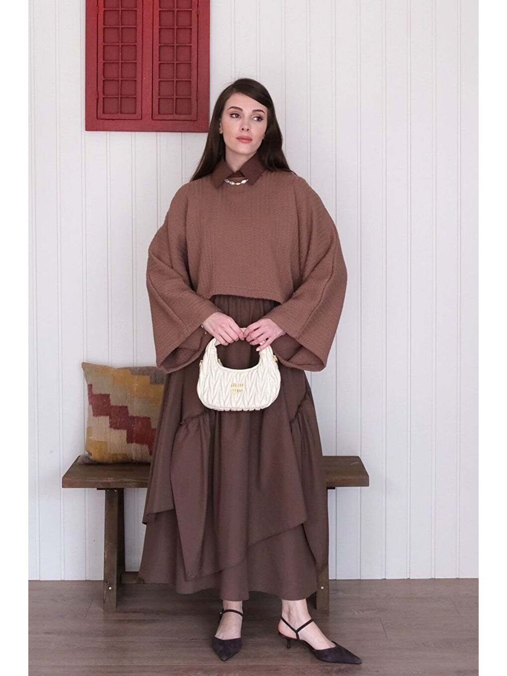 Kahverengi Acı Kahve Kat Kat Bohem Etek-5