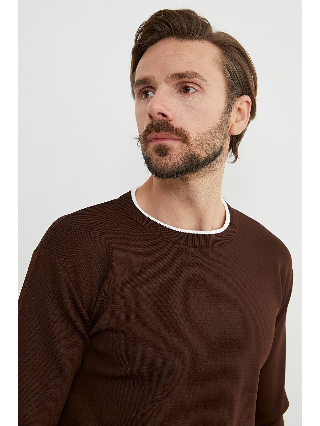 Kahverengi Basic Çizgili Bisiklet Yaka Triko Kazak-3