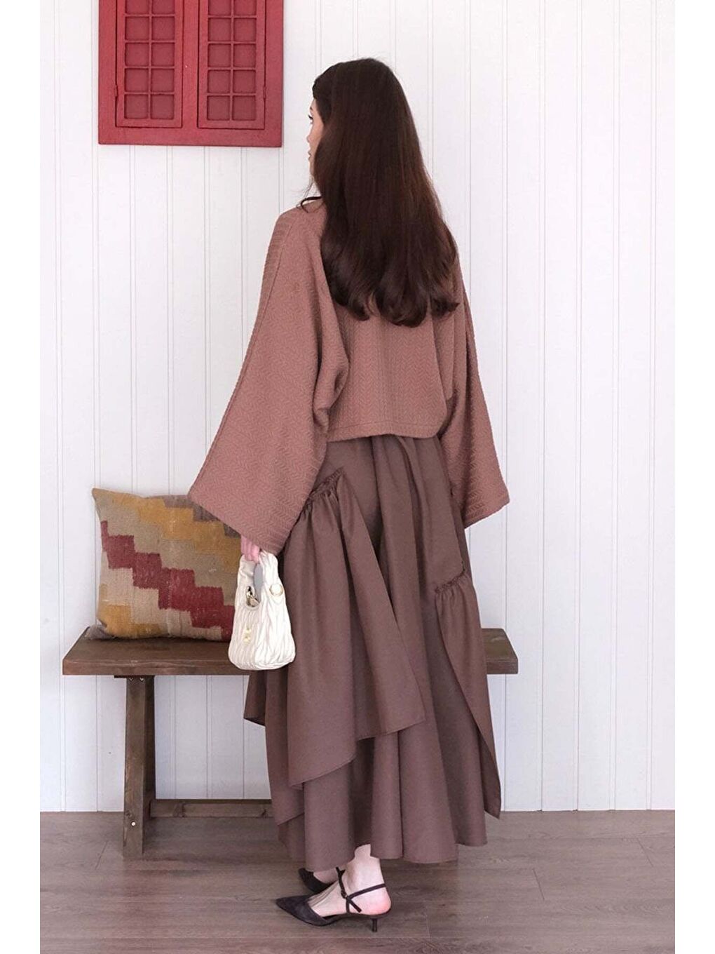 Kahverengi Acı Kahve Kat Kat Bohem Etek-6