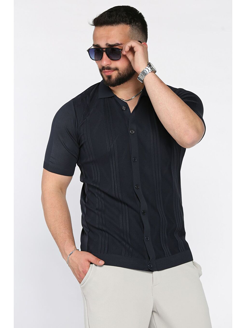 Lacivert Erkek Desenli Kısa Kol Triko Gömlek-1