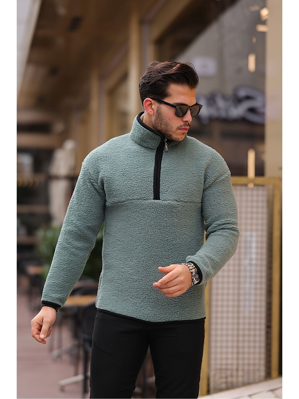 Turkuaz Yarım Fermuarlı Pelüş Sweatshirt