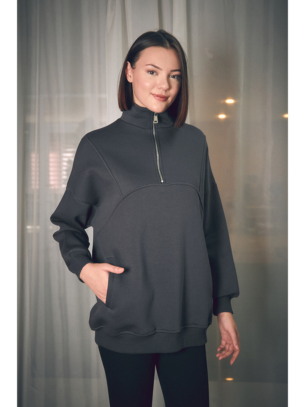 Fullamoda Füme Basic Yarım Fermuarlı Cepli Sweatshirt - 2